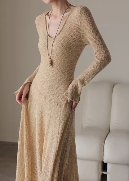 Handmade Khaki U Neck Maxi Dress Spring