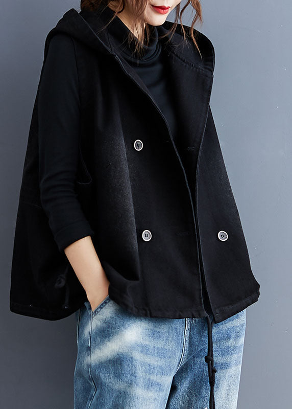 Unique Black Hooded Button Denim Trench Sleeveless Vest