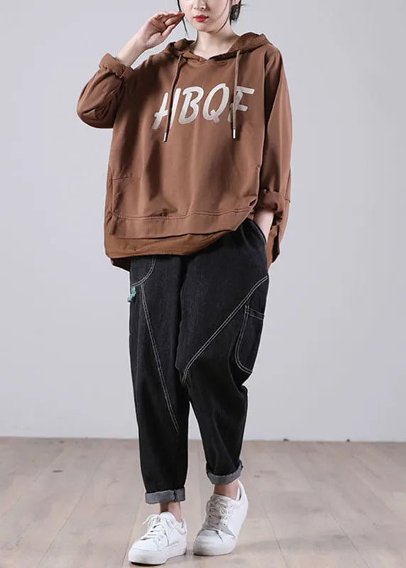 Brown Hooded Drawstring Graphic Fall Patchwork Sweatshirts Top