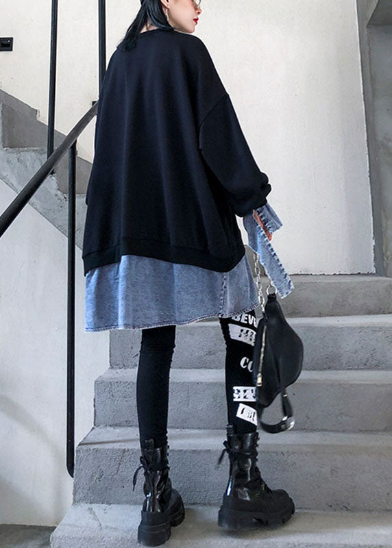 Comfy Black O-neck Patchwork Button Fall Sweatshirts Top