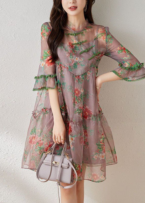 Light Purple Ruffled Chinese Button Print Tulle Oriental Dresses Summer