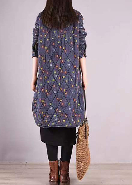Blue Stand Collar Pockets Patchwork Fine Cotton Filled Coat Winter