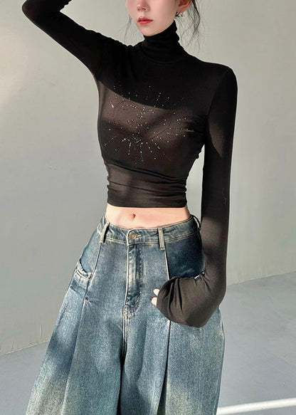 French White Hign Neck Zircon Cotton T Shirts Top Fall