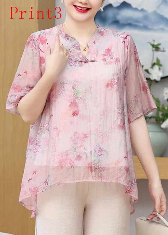 Print Oriental Button Chiffon Top Summer