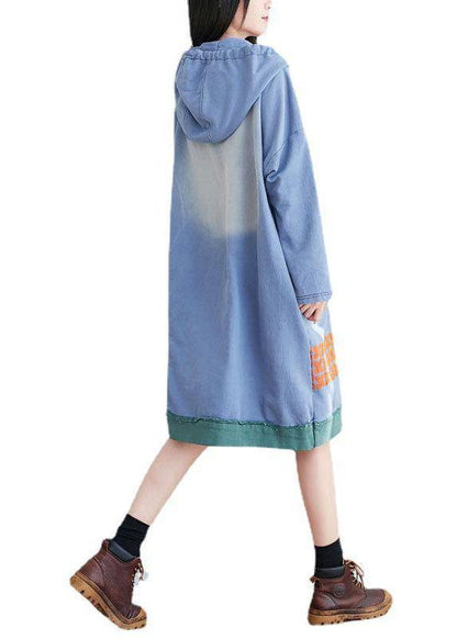 Unique Green Hooded Asymmetrical Design Patchwork Print Fall Pullover Dress