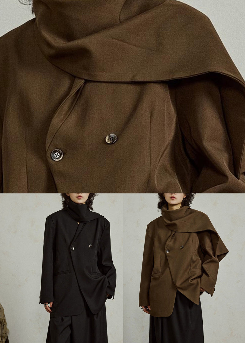 Black Notched Button Coats Long Sleeve