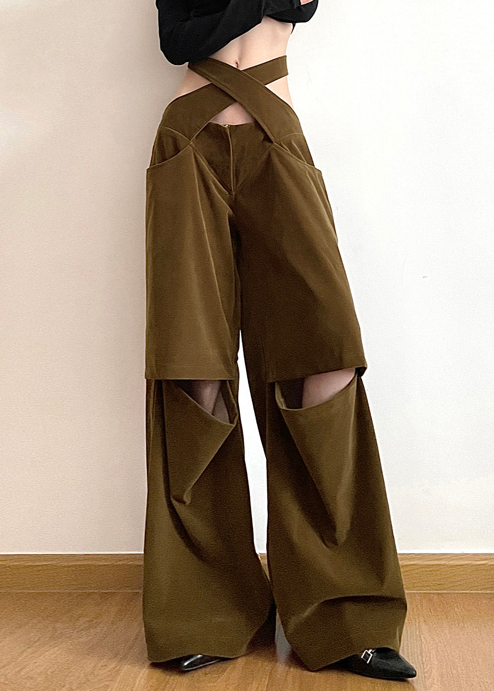 Brown Hollow Out Pockets Cotton Wide Leg Pants Fall