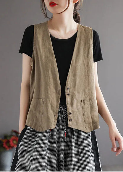 Orange V Neck Pockets Linen Vest Tops Sleeveless