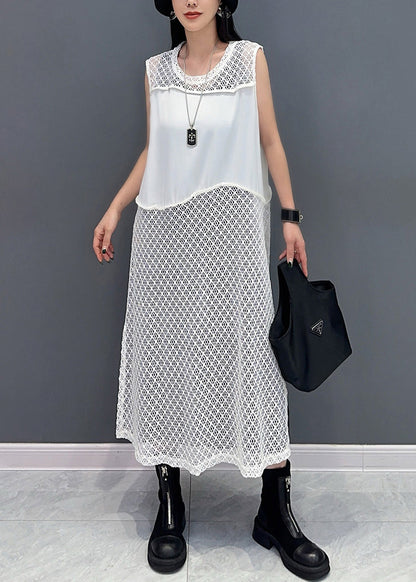White O Neck Hollow Out Knit Dress Sleeveless