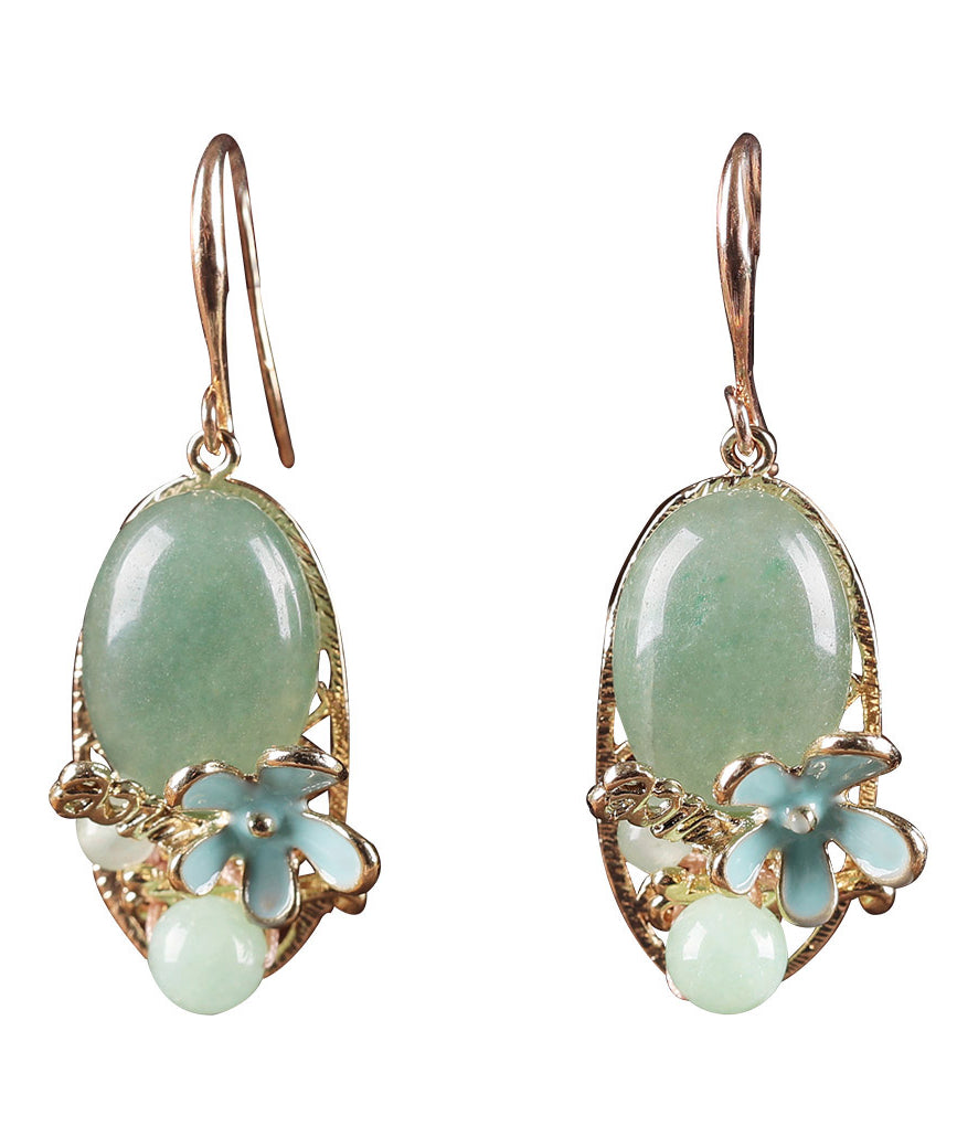 Green Copper Pearl Jade Cloisonne Drop Earrings