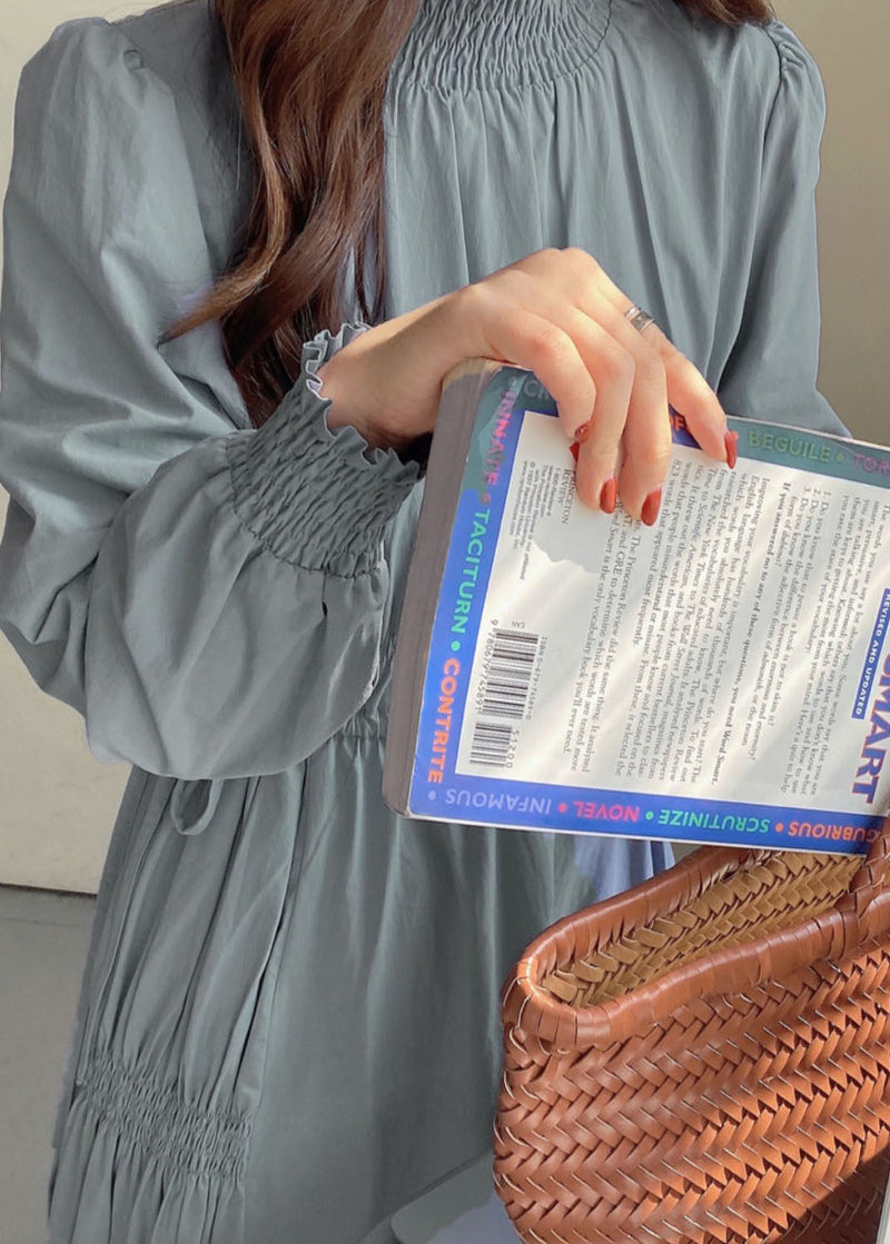 Diy Light Blue Stand Collar Wrinkled Patchwork Cotton Dresses Spring