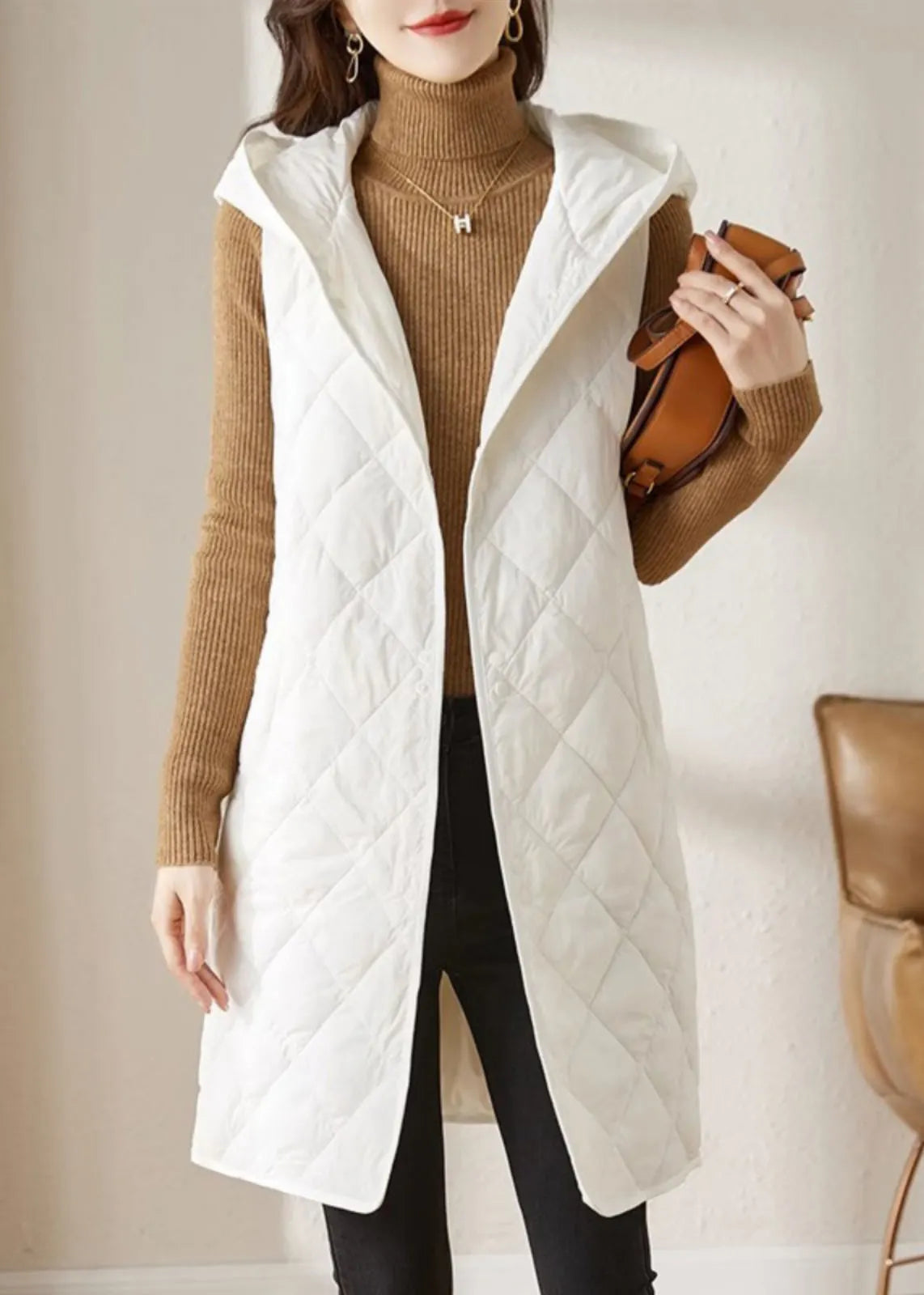 French Apricot Hooded Pockets Fine Cotton Filled Vest in Winter