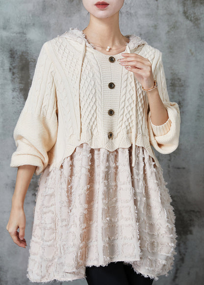 Beige Hooded Patchwork Knit Dress Spring