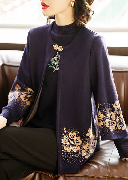 Dark Purple Print Cotton Knit Cardigans and Sweaters Two Pieces Set Three Quarter Sleeve