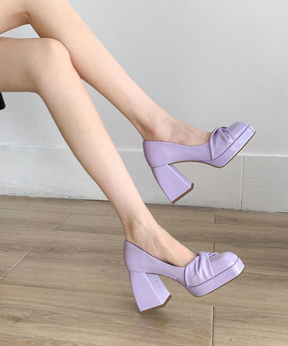 Purple Cowhide Leather Splicing Chunky High Heels
