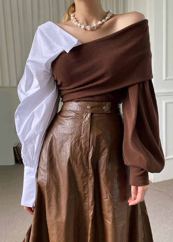 Brown Asymmetrical Patchwork Cotton Knit Top Fall