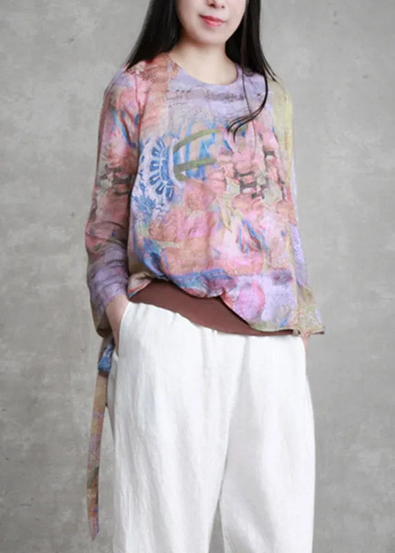 Unique O-neck Print Asymmetrical Low High Design Tie Waist Linen Top Long Sleeve