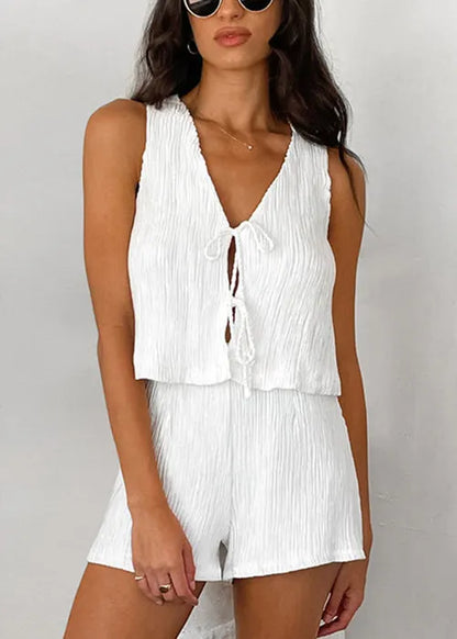 Simple White Lace Up Cotton Tops and Shorts Two Pieces Set Sleeveless