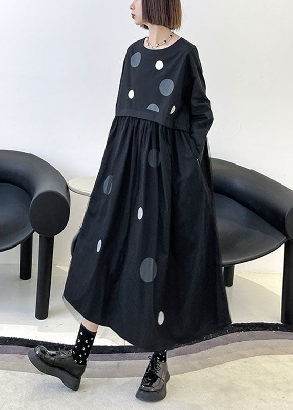 Art Black Pockets Patchwork Tulle Print Fall Vacation Dresses Long Sleeve