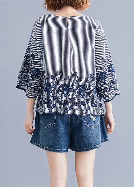 Style Blue O-neck Embroideried Striped Cotton Tops Bracelet Sleeve