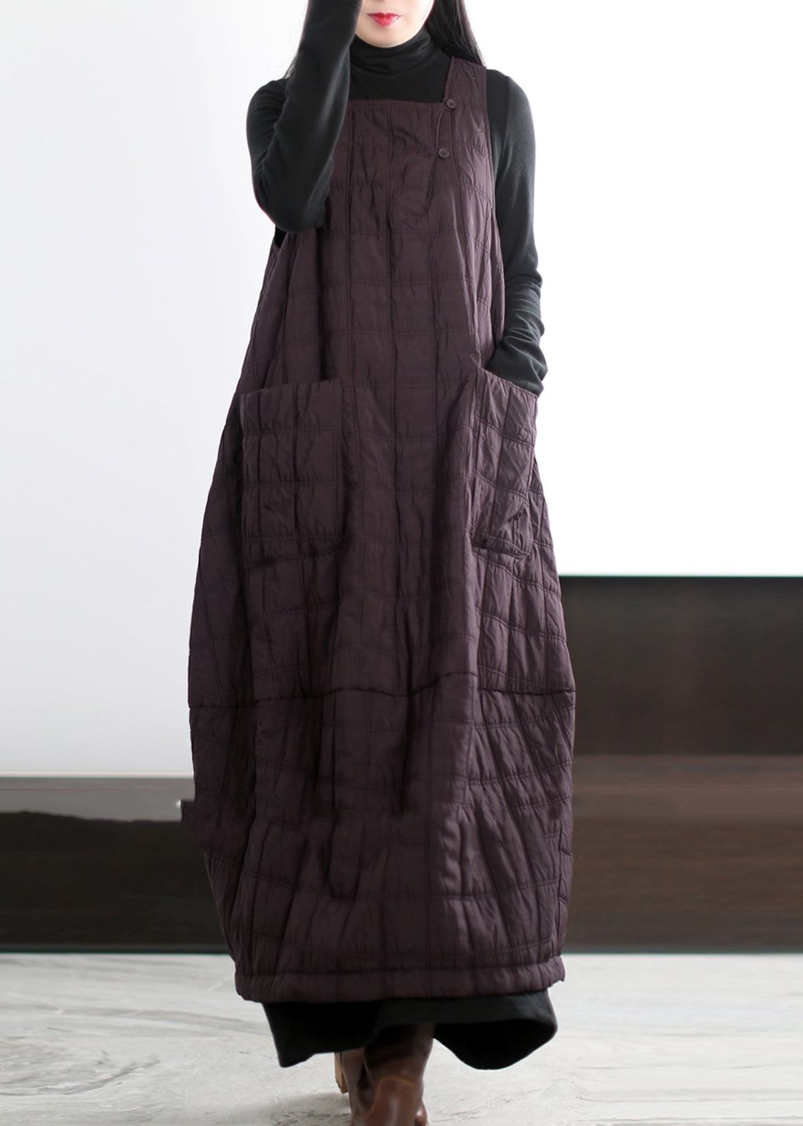 Coffee Oversized Pockets Fine Cotton Filled Long Dress Winter