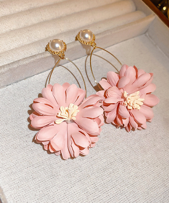 Pink Alloy Pearl Cloth Chrysanthemum Drop Earrings