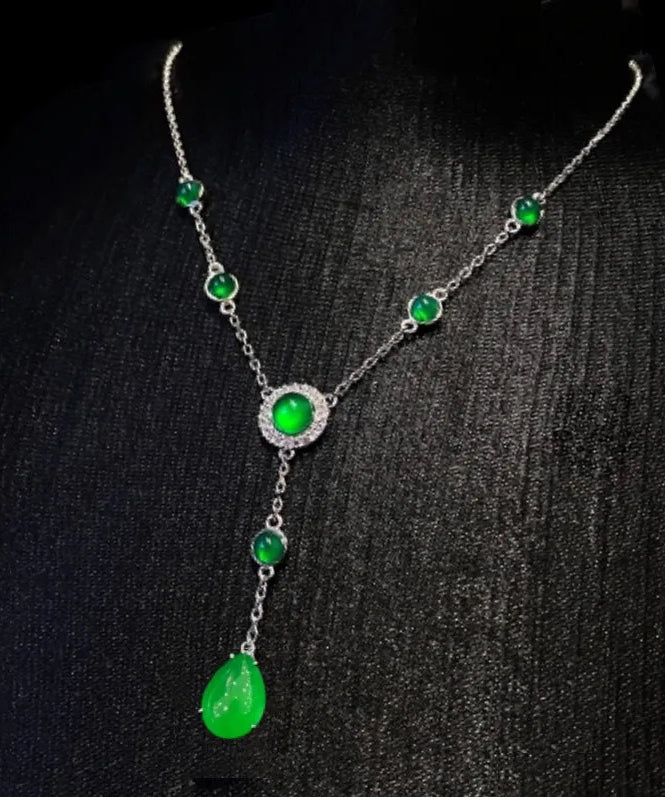 New Green Sterling Silver Overgild Zircon Jade Tassel Pendant Necklace