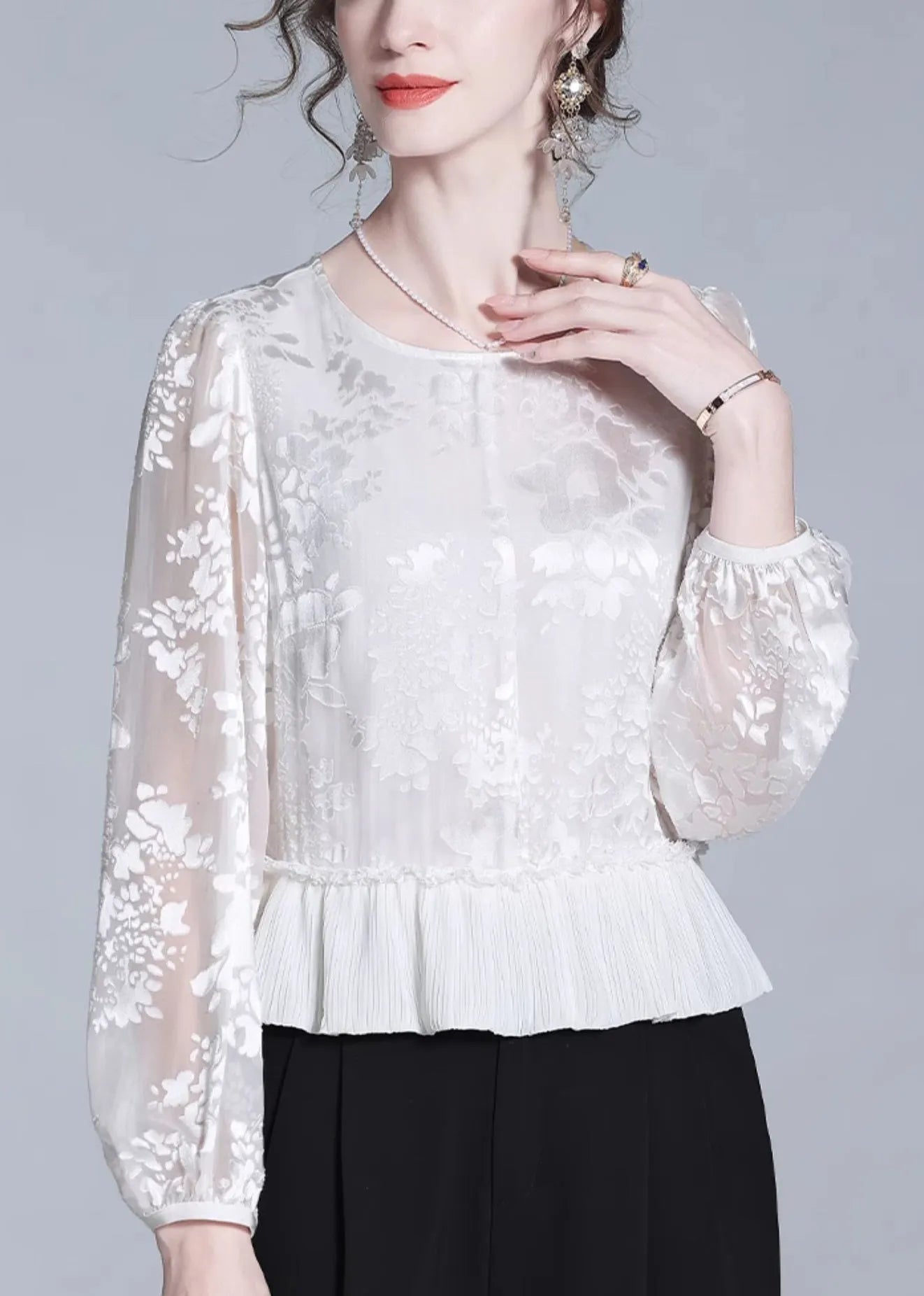 Jacquard White Ruffled Zippered Silk Tops Fall