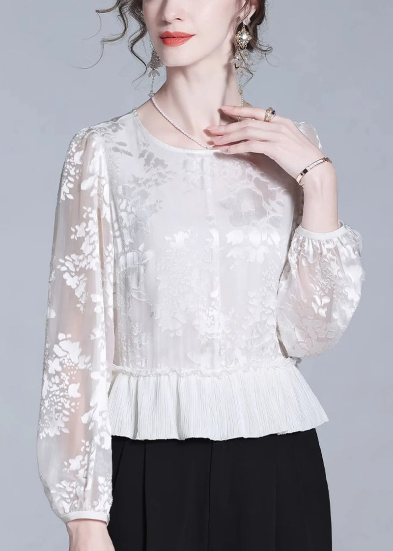 Jacquard White Ruffled Zippered Silk Tops Fall