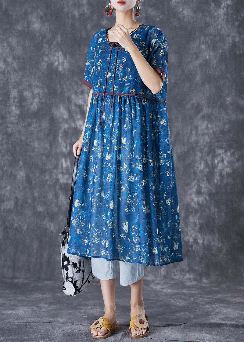 Navy Lace Up Tie Dye Linen Dresses Summer