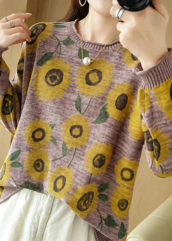 Grey O-neck Print Thick Knit Sweater Fall