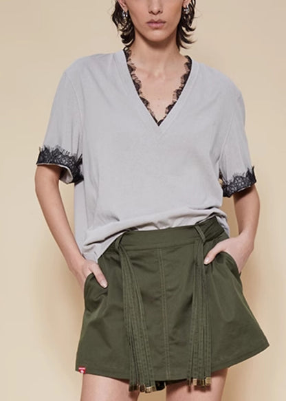 Grey Lace Cotton T Shirt V Neck Short Sleeve