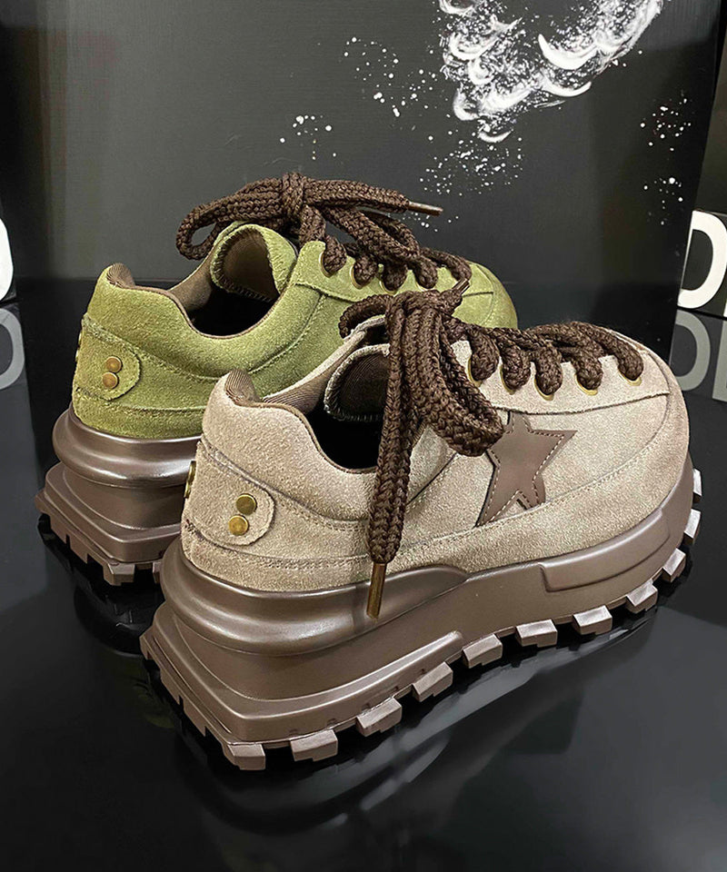 Green Lace Up Splicing Suede Platform Flat Feet Shoes