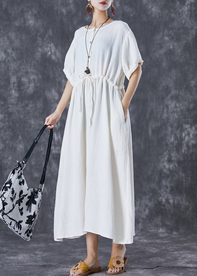 White Cinched Pockets Cotton Holiday Dress Summer