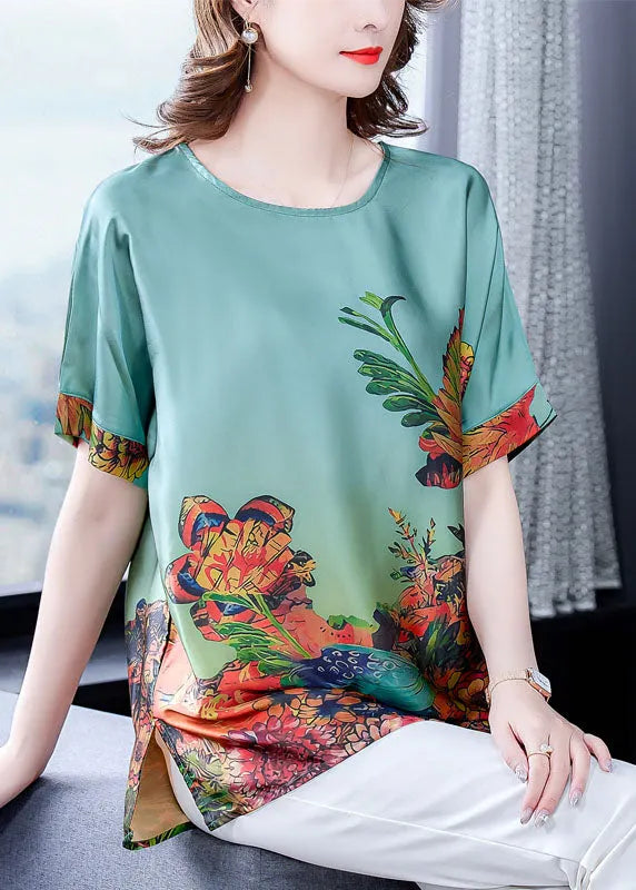 Green O-neck Print Silk Tops for Short Sleeve