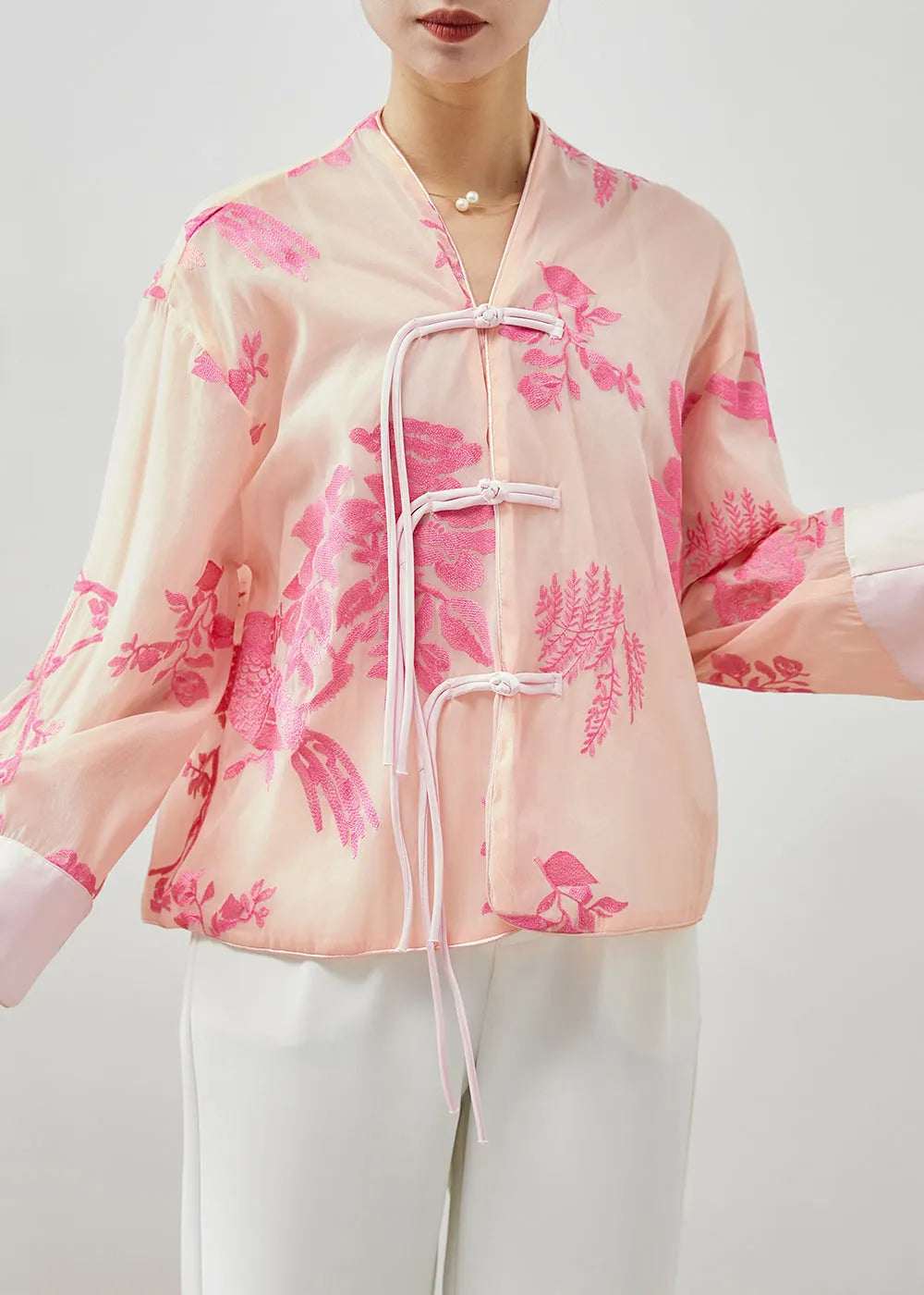 Apricot Embroideried Tasseled Silk Shirts Fall