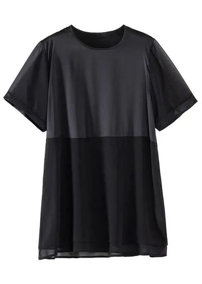 Loose Black O Neck Patchwork Chiffon T Shirt Tops Summer