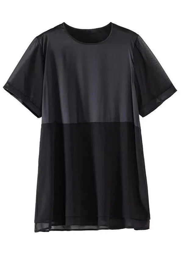 Loose Black O Neck Patchwork Chiffon T Shirt Tops Summer