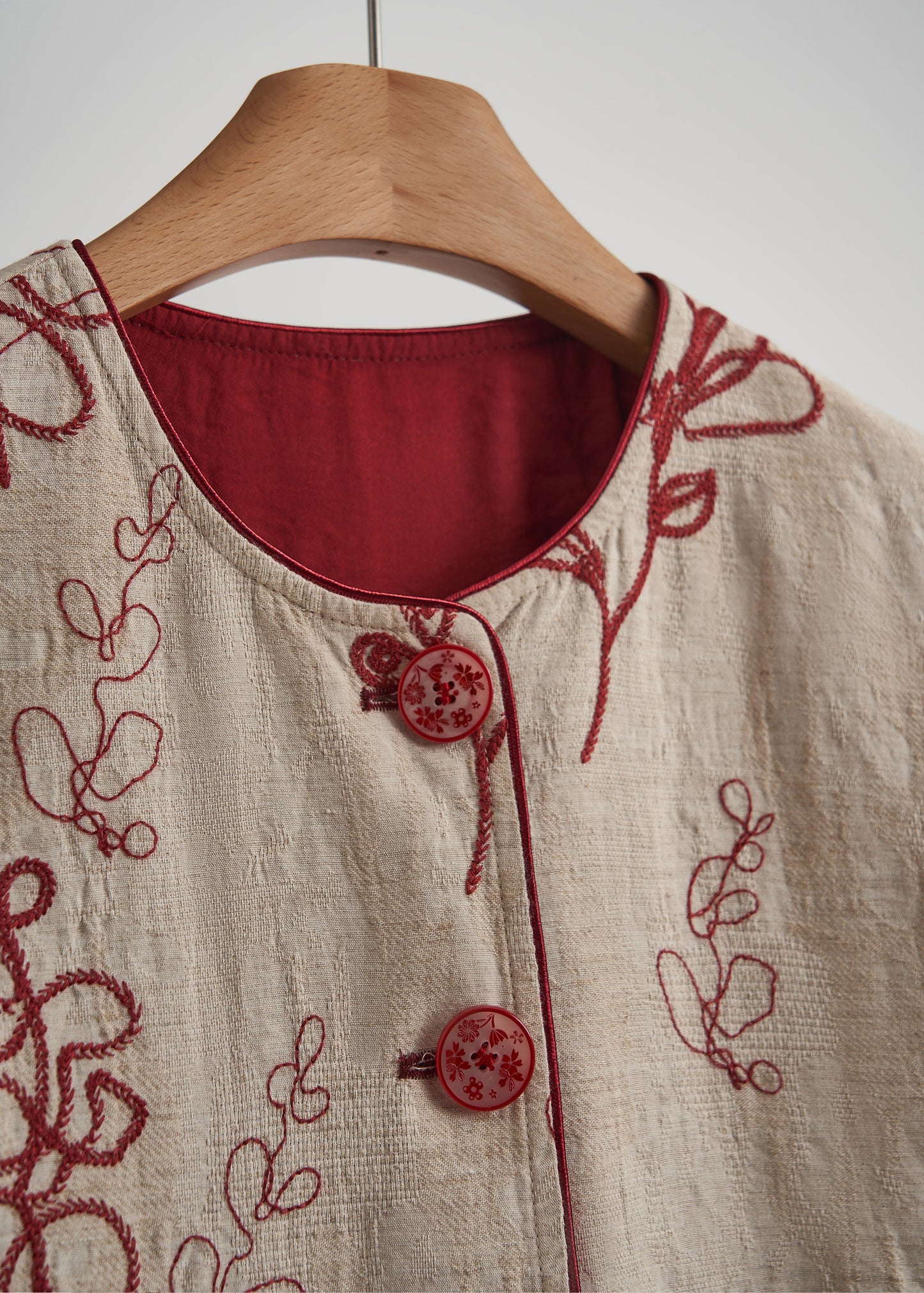 Beige Embroidered Pockets Linen Coats Fall