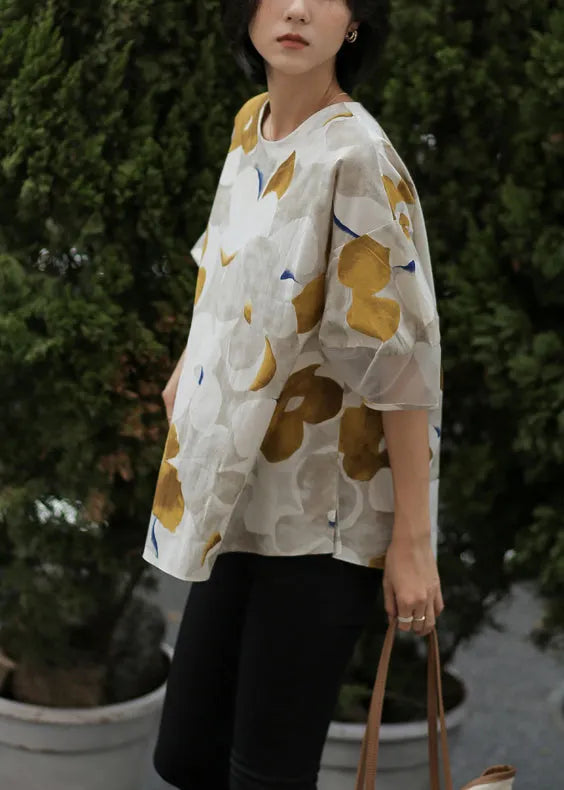 Modern Chocolate Colour O-neck Print Button Tops Half Sleeve