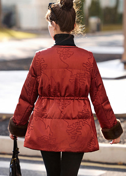 Red Cinched Print Duck Down Puffer Jacket Winter