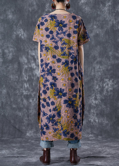 Coffee O-neck Print Linen Long Dress Summer