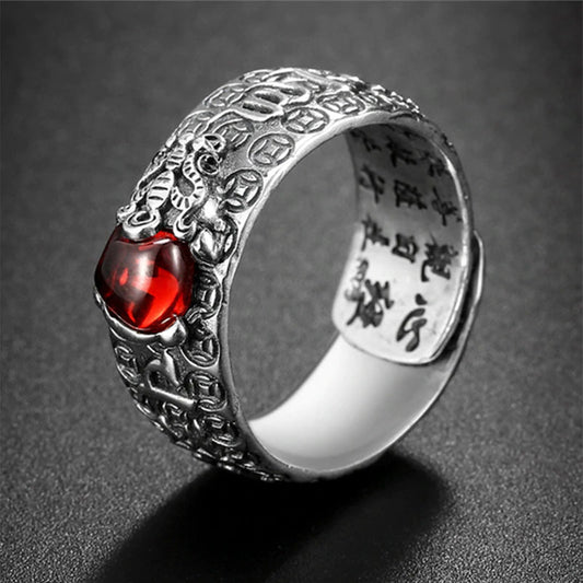 Buddha Stones Fengshui Pixiu Red Garnet Wealth Ring