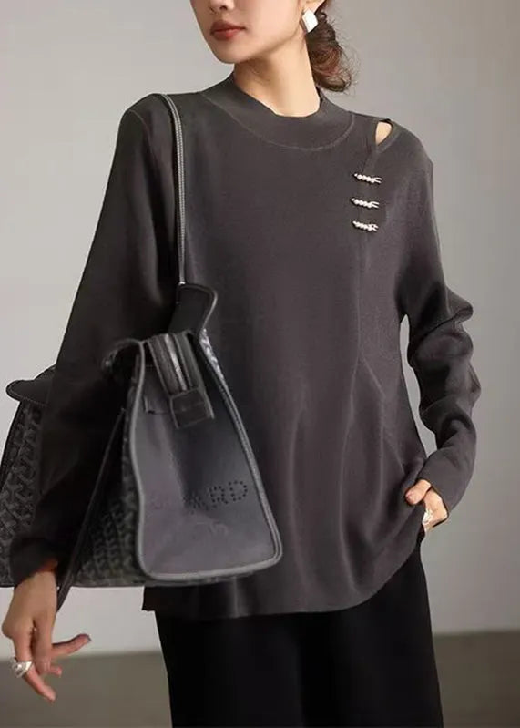 Grey O-neck Hollow Out Knit Top Spring