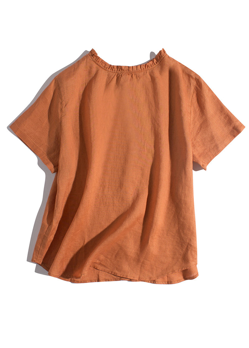 Simple Pink Ruffled Wear on Both Sides Linen Blouses Summer