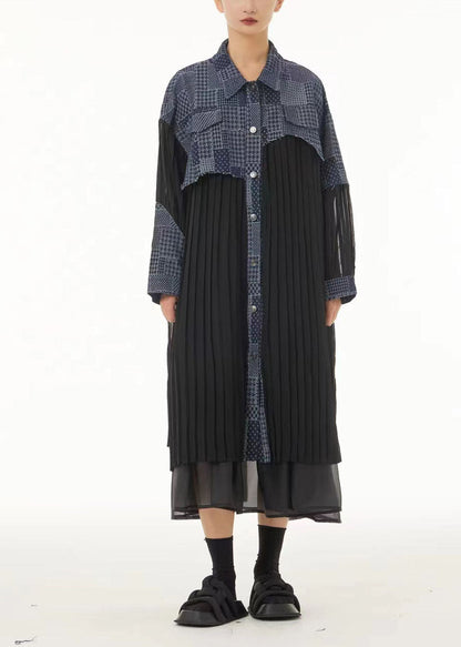 Colorblock Oversized Denim Patchwork Wrinkled Chiffon Shirt Dresses Spring