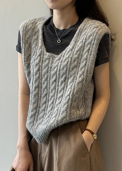 Light Green U Neck Cable Knit Vest Sleeveless