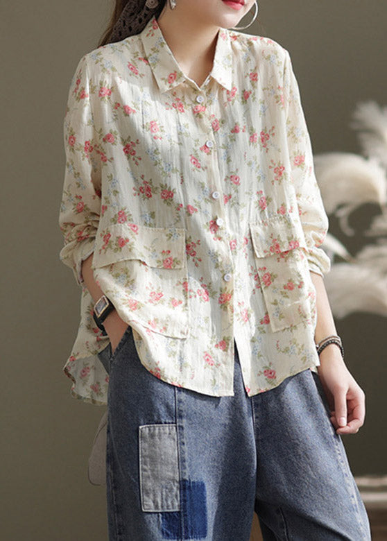 Apricot Peter Pan Collar Print Patchwork Button Linen Shirt Long Sleeve