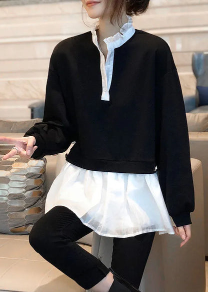 Diy Black Ruffled Patchwork Cotton Fake Two Piece Shirts Spring