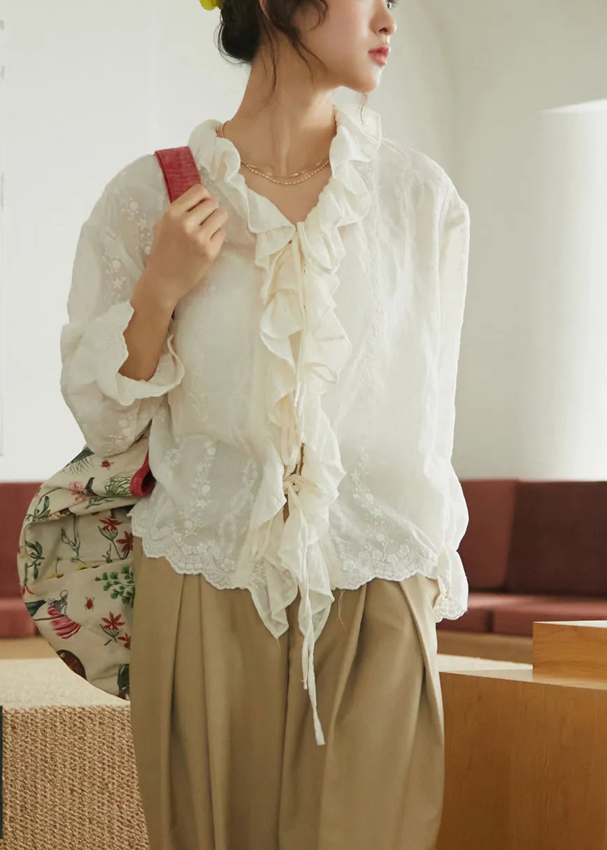 Simple Apricot Ruffled Lace Patchwork Embroideried Tie Waist Shirts Long Sleeve